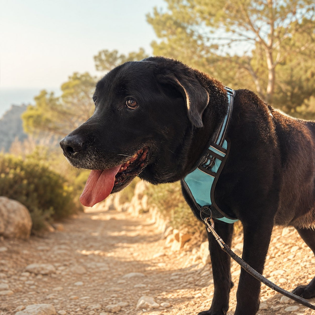 Labrador negro con el arnés antitirones RAYGO azul, de paseo por un camino de campo con la correa enganchada delante