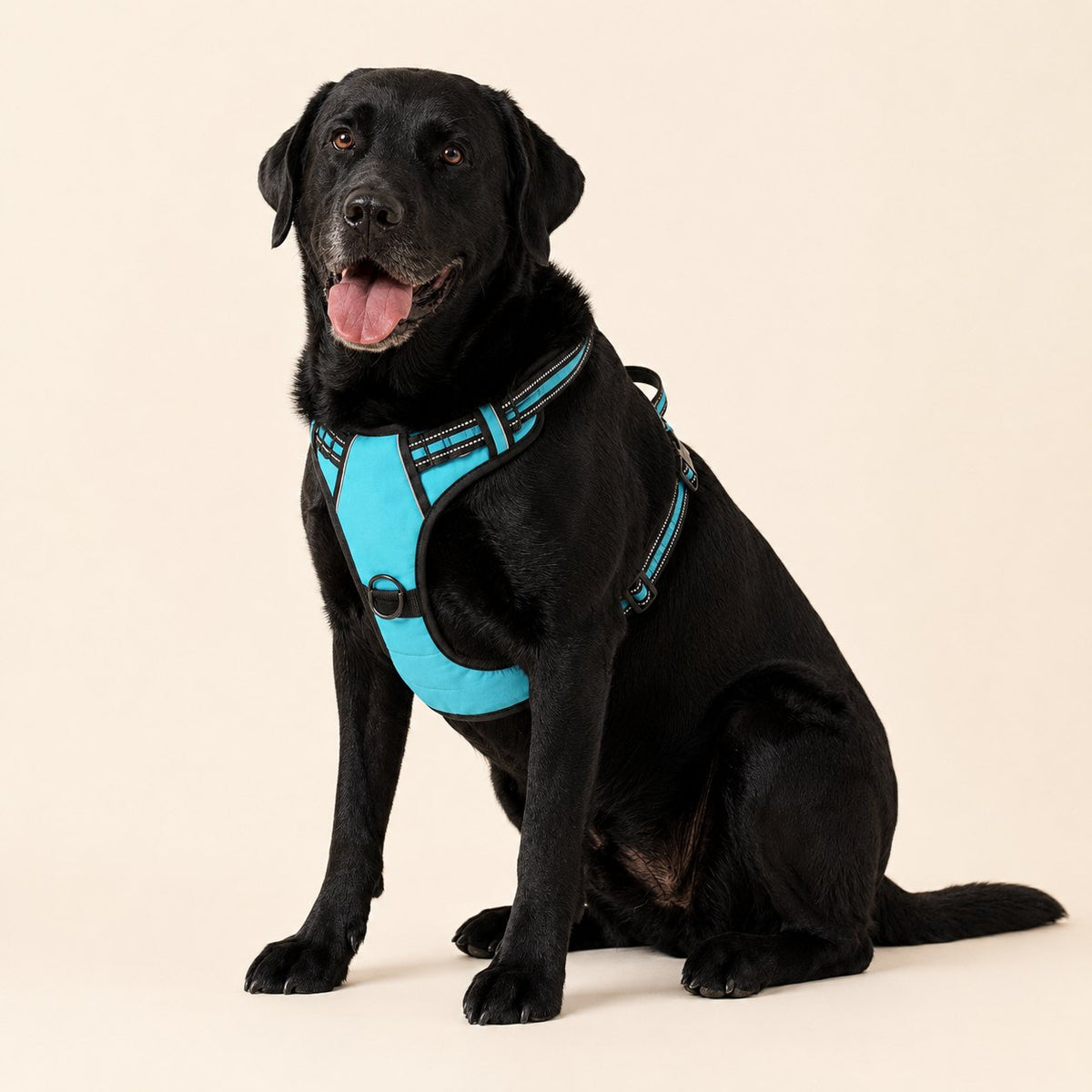 Labrador negro sentado con el arnés antitirones RAYGO en azul, sobre fondo crema de estudio