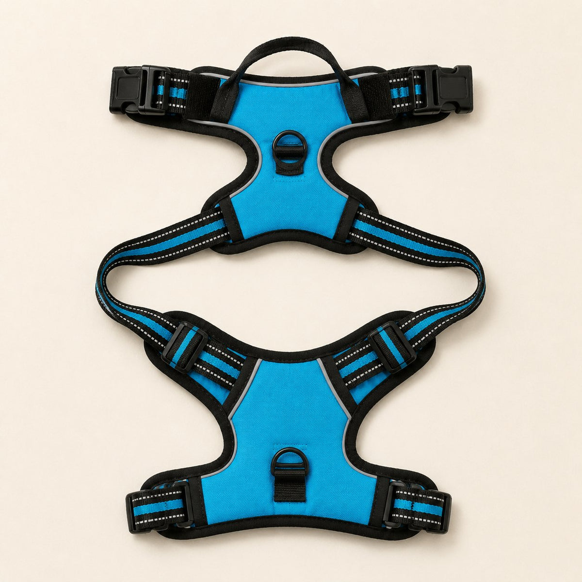 Arnés antitirones RAYGO en azul, extendido en plano para ver las cinchas, las hebillas y las dos anillas