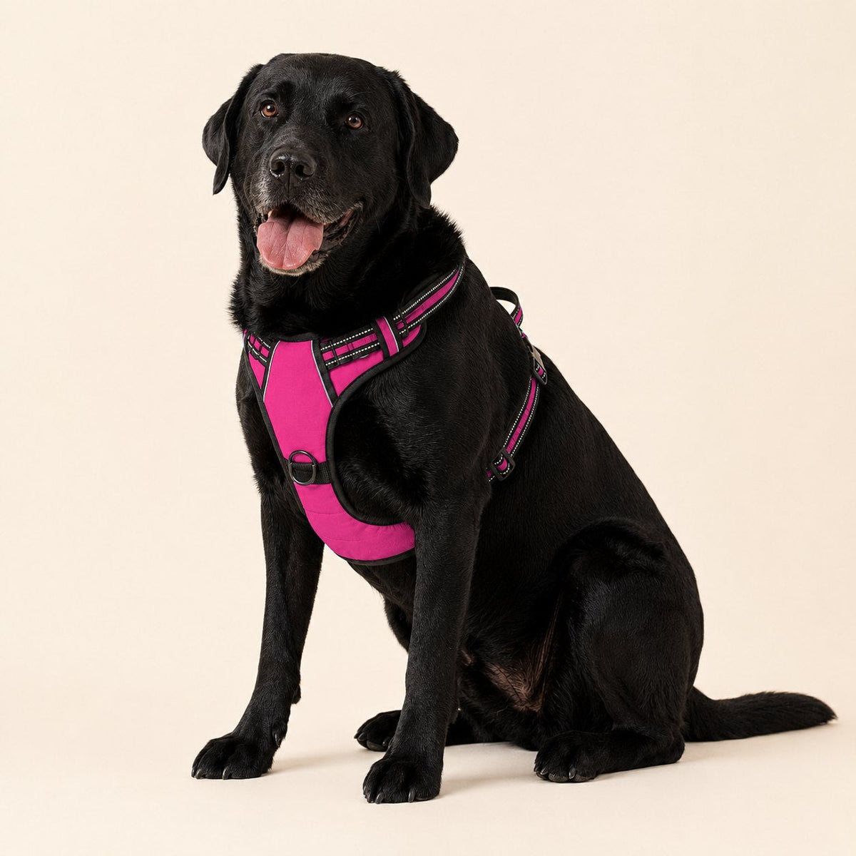 Labrador negro sentado con el arnés antitirones RAYGO en rosa, sobre fondo crema de estudio
