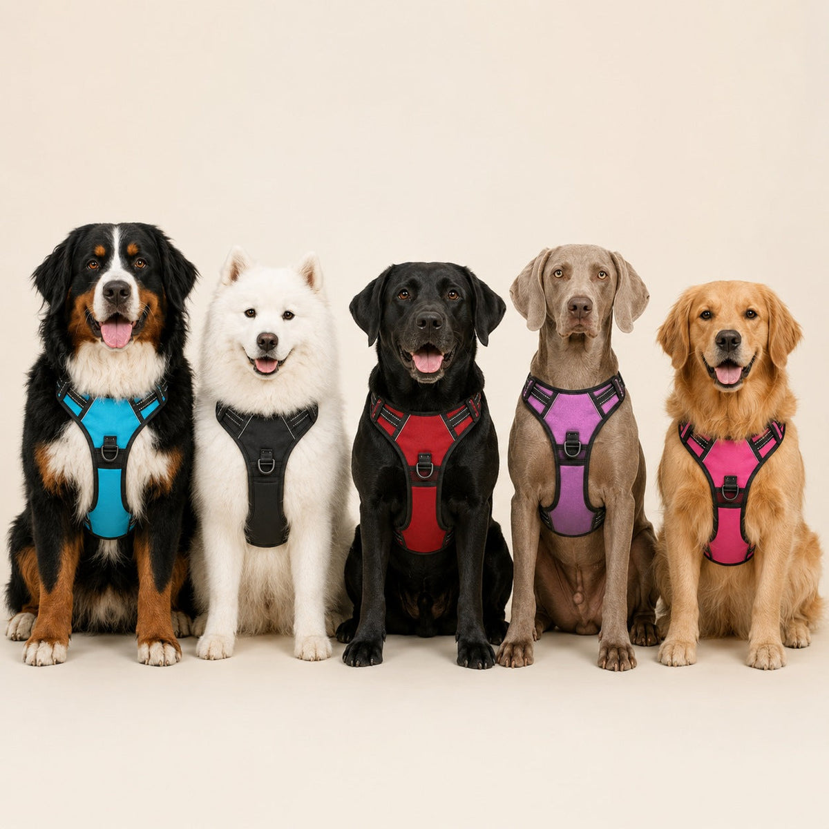 Cinco perros grandes de razas distintas, cada uno con el arnés antitirones RAYGO en un color: azul, negro, rojo, rosa y fucsia